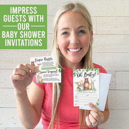 Hadley Designs Baby Shower Invitations for Girl -40 Baby Shower Invites for Boy with Diaper Raffle & Book Request Cards, Woodland Animals Gender Reveal Invitations Gender Neutral, Oh Baby!