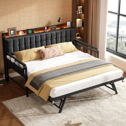 Daybed with Trundle, Metal Twin Bed Frame with Upholstered Storage Headboard, Charging Station & LED, Sofa Day Bed with Pop Up Trundle, Side Pockets, Sturdy Supports for Living Room and Bedroom, Black