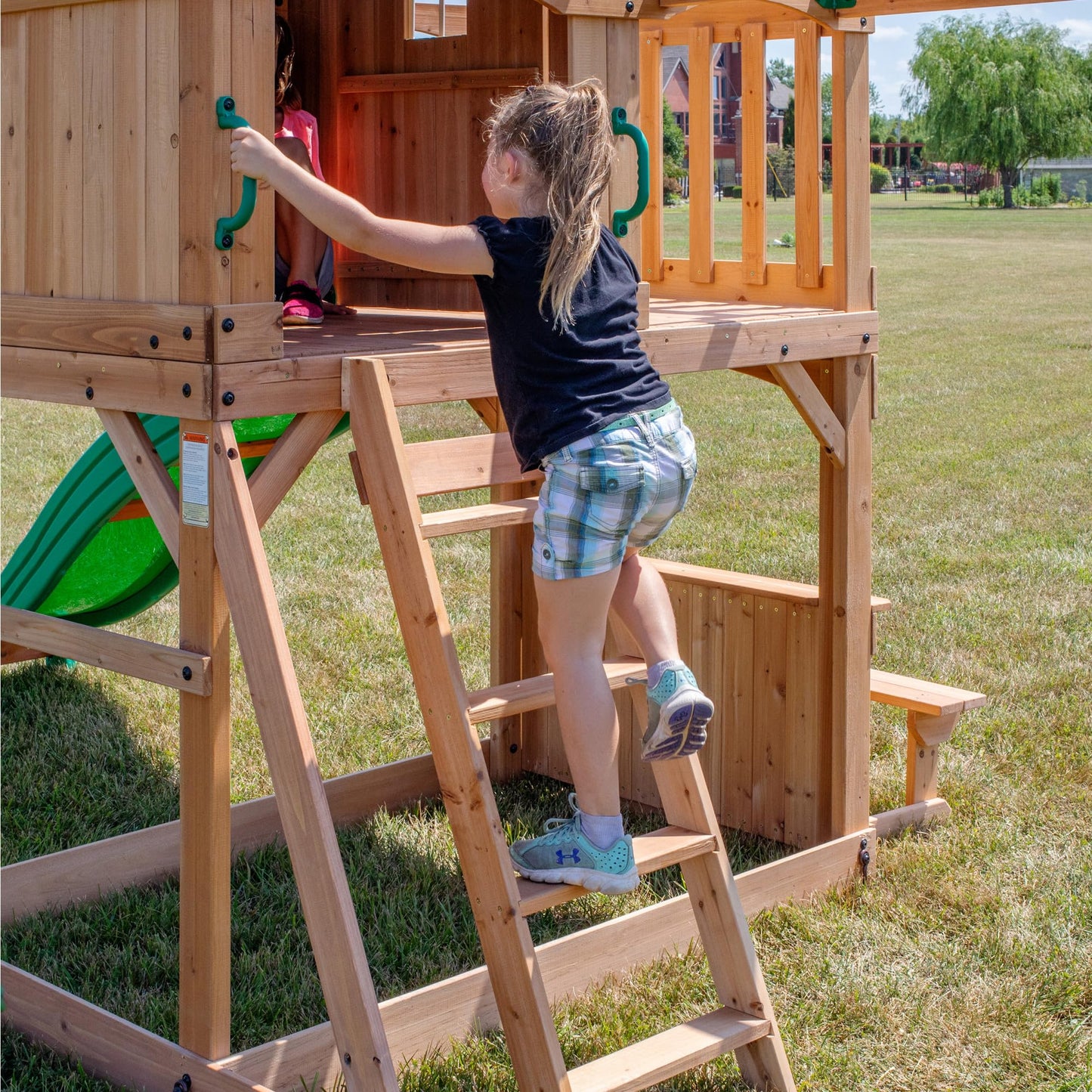 Backyard Discovery Montpelier Cedar Wood Swing Set, Wave Slide, Clubhouse, Monkey Bars, Picnic Area, Snack Bar, Belt Swings, Trapeze, Balcony, Playhouse, Working Door, Ladder, Outdoor Playset