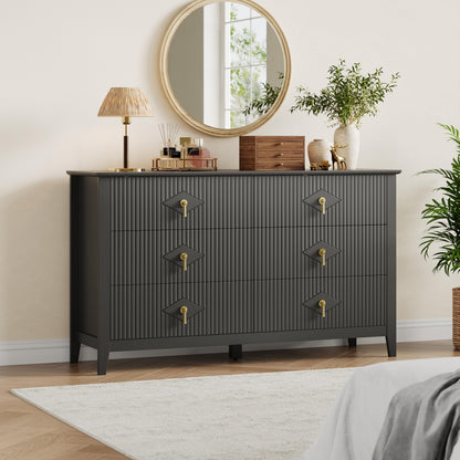 GarveeHome Fluted Dresser for Bedroom, 54 Inch Wide 6-Drawer Wood Dresser, Modern Chest of Drawers, Storage Organizer Cabinet for Living Room, Hallway, Entryway, Black