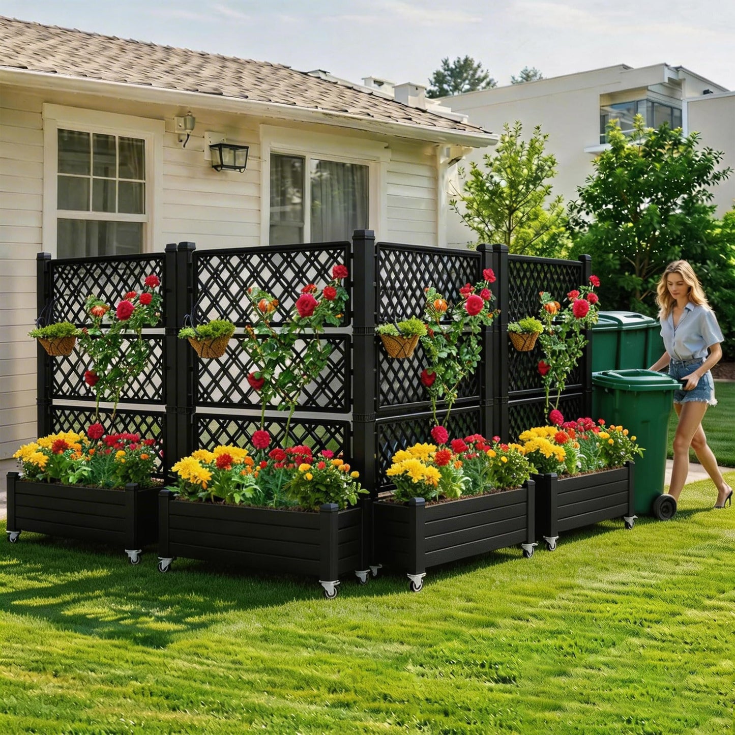 YITAHOME 43.3x17.7x61 in Planter Box with Trellis 2pcs Outdoor Resin Raised Garden Bed with Wheels & Drain Plug for Climbing Plants, Weather-Resistant Outdoor Privacy Screen, Black