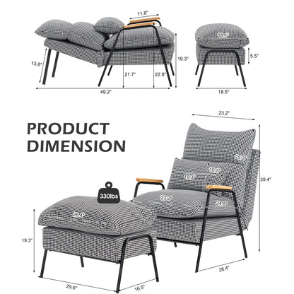 MCombo Accent Recliner Chair with Ottoman, Modern Fabric Armchair, Upholstered Sofa Bed for Living Room Bedroom, Small Space 4055 (Black Frame, Houndstooth)