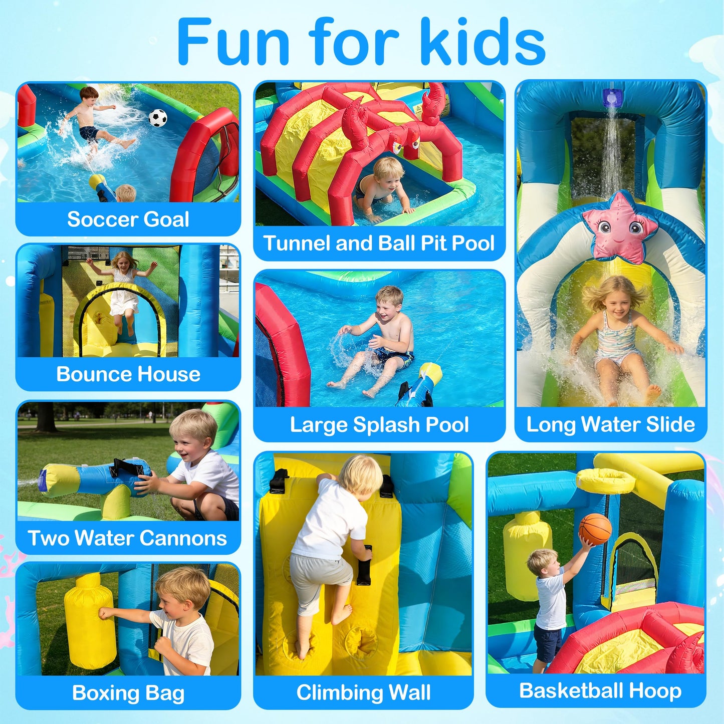 TOAOB Inflatable Water Slide for Kids 3-12: 8 in 1 Ocean-Themed Blow Up Backyard Water Park with 550W Blower for Outdoor Birthday Party
