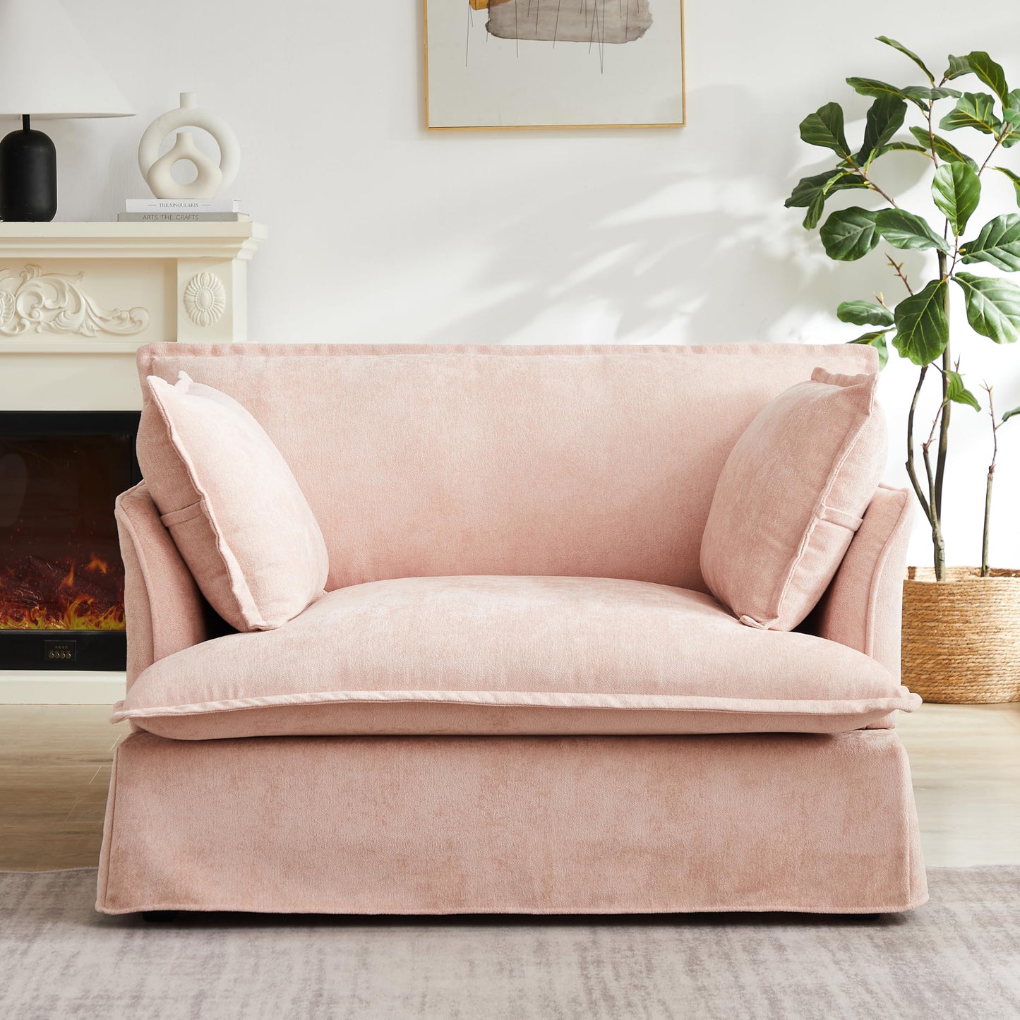Merax 47.2" Oversized Accent Chair with Dual-Port Charging, Skirted Base, Deep and Wide Seat, Cloud-Like Comfy Single Sofa, Modern Design for Living Room&Apartment, Chenille,Pink