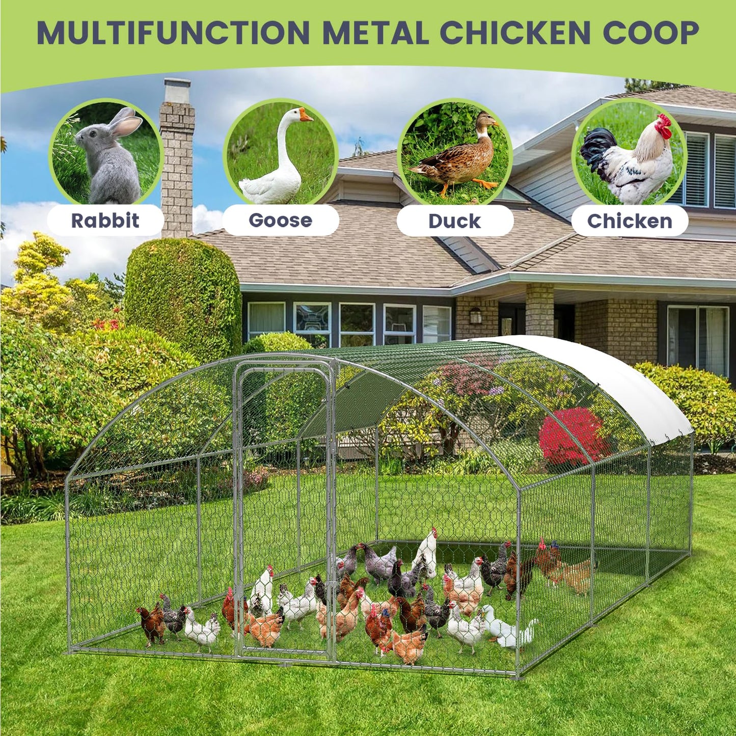 9.8'x19.7'x6.5' Large Metal Chicken Coop Walk-in Poultry Cage, Outdoor with Waterproof Anti-UV Cover & Galvanized Frame, Chicken Run for Backyard Farm, Ducks, Rabbits