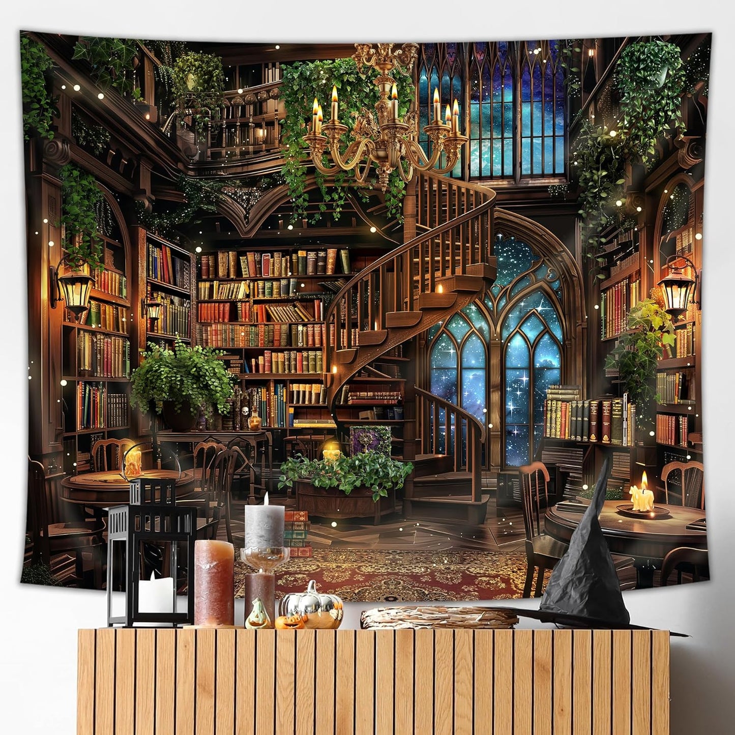 59Wx51H Inch Riyidecor Magical Library Tapestry Fairy Tale Mysterious Mysty Bookshelf Wall Hanging Study Magic Book
