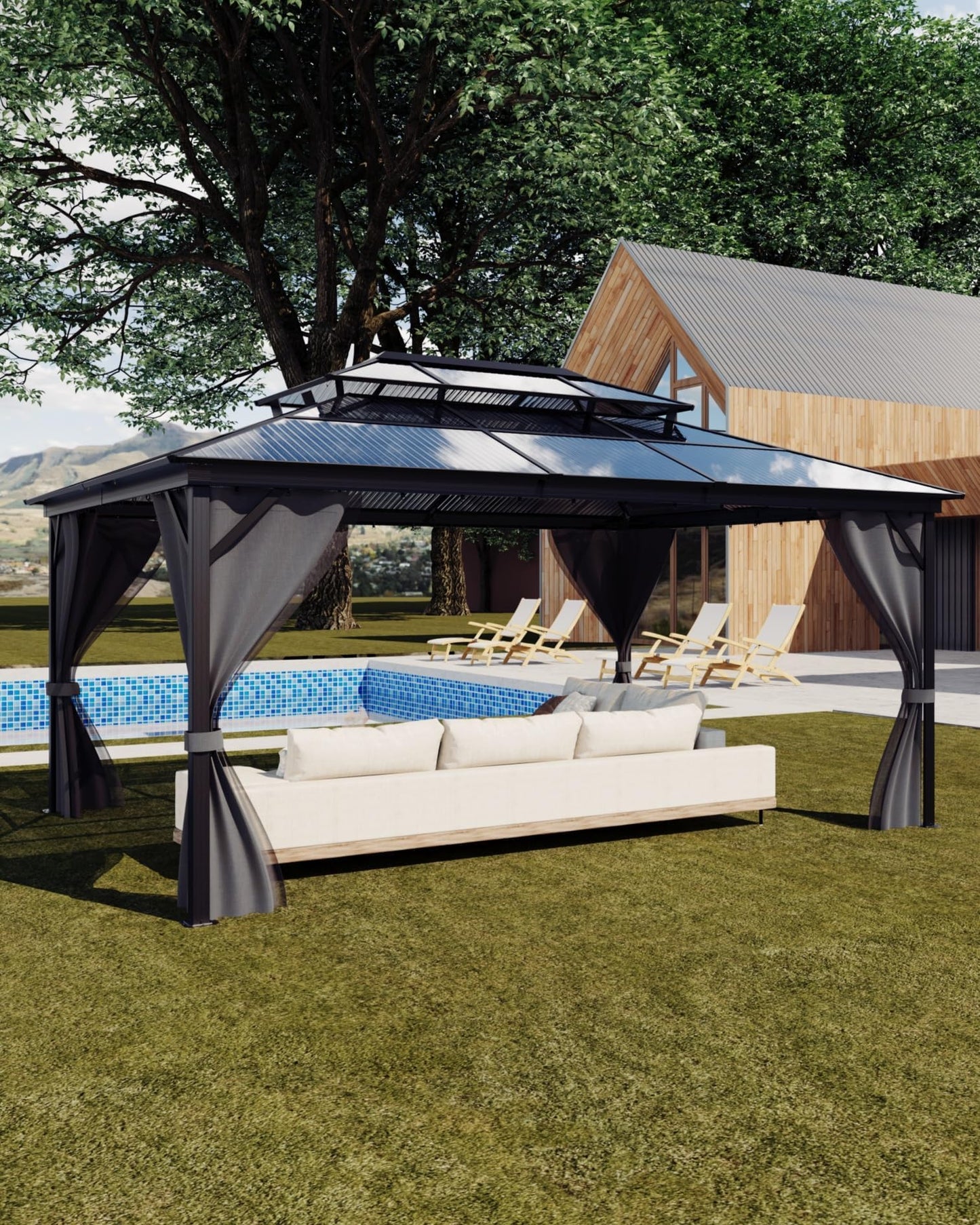 Double Roof Protection, 10'x12' Hardtop Aluminum Gazebo with Netting & Curtains, Permanent Polycarbonate Pavilion for Patio, Backyard, and Lawn (Gray)