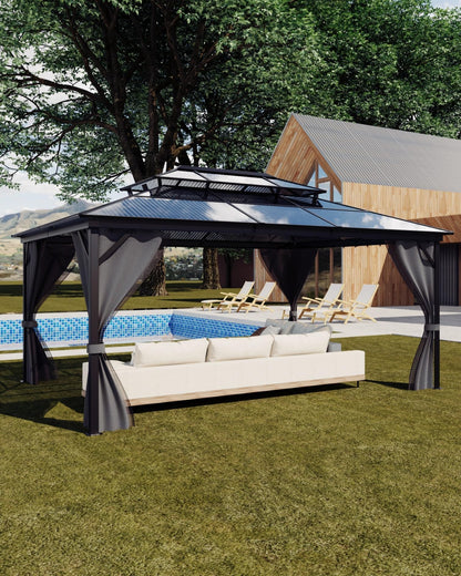 Double Roof Protection, 10'x12' Hardtop Aluminum Gazebo with Netting & Curtains, Permanent Polycarbonate Pavilion for Patio, Backyard, and Lawn (Gray)
