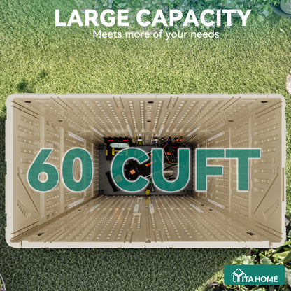 YITAHOME 60 cuft Vertical Outdoor Storage Shed w/o Shelf, Large Waterproof Storage Cabinet for Garden Shed, Tall Outdoor Storage Shed for Garage, Pool Storage, Resin, Lockable, Khaki & Brown