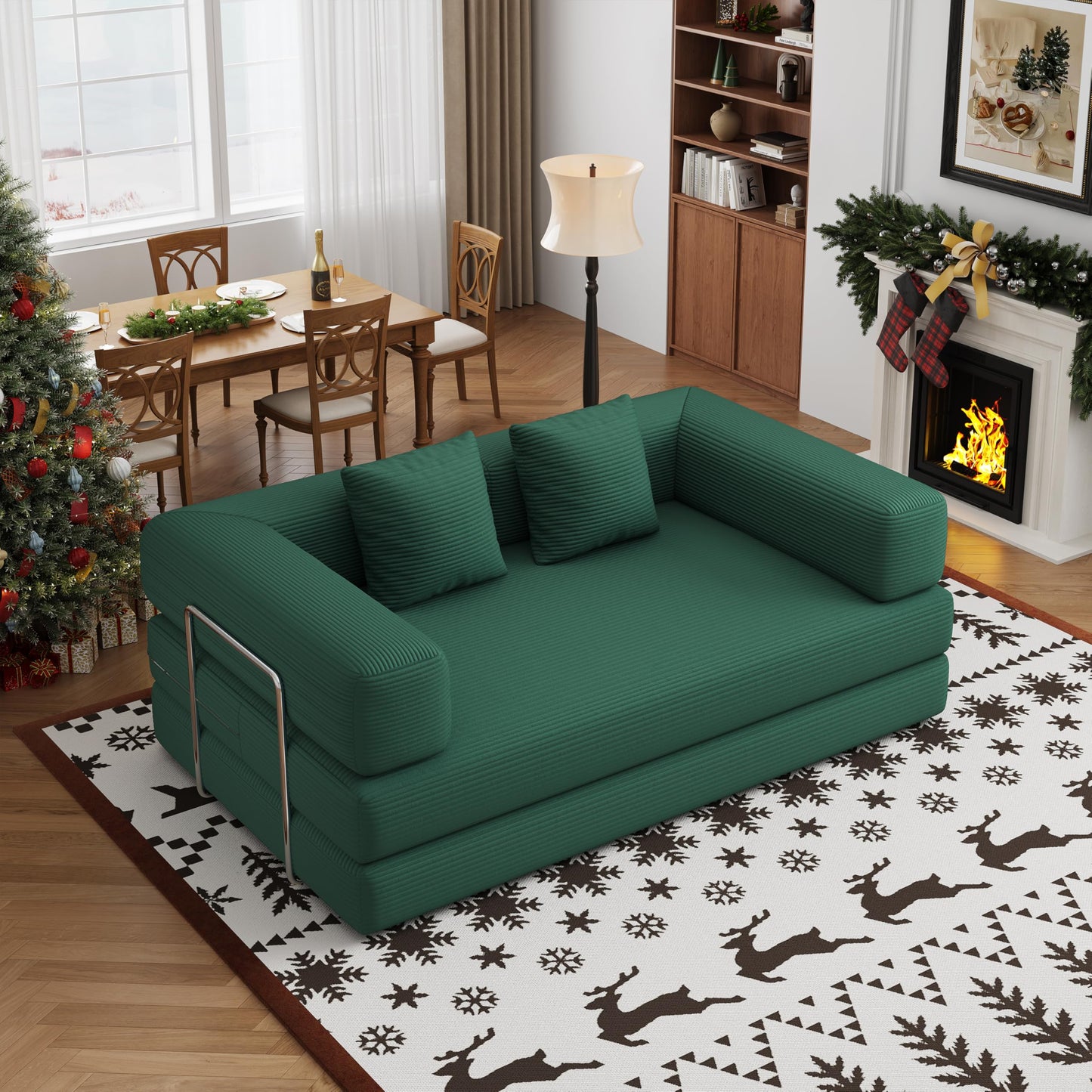59.0 Inch Convertible Sofa Bed, 4-in-1Futon Sofas Bed Pull Out Sleeper Couch, Modern Deep Seat Sofa for Living Room, Corduroy Boneless Couches for Bedroom, Apartment, No Assembly (Green, 59” 2 Seat)