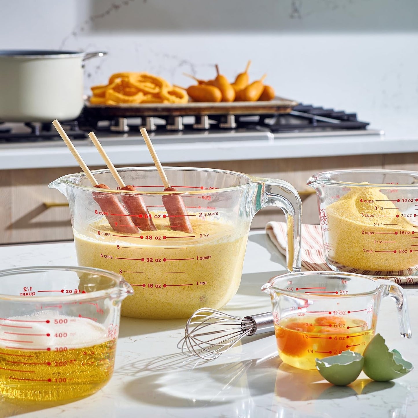 Set of 3 Glass Measuring Cups with Measuring Spoons & Whisk - Kitchen Mixing Bowl Liquid Measure Cup, Glass Bakeware. 1 cup, 2 cup, 4 cup.