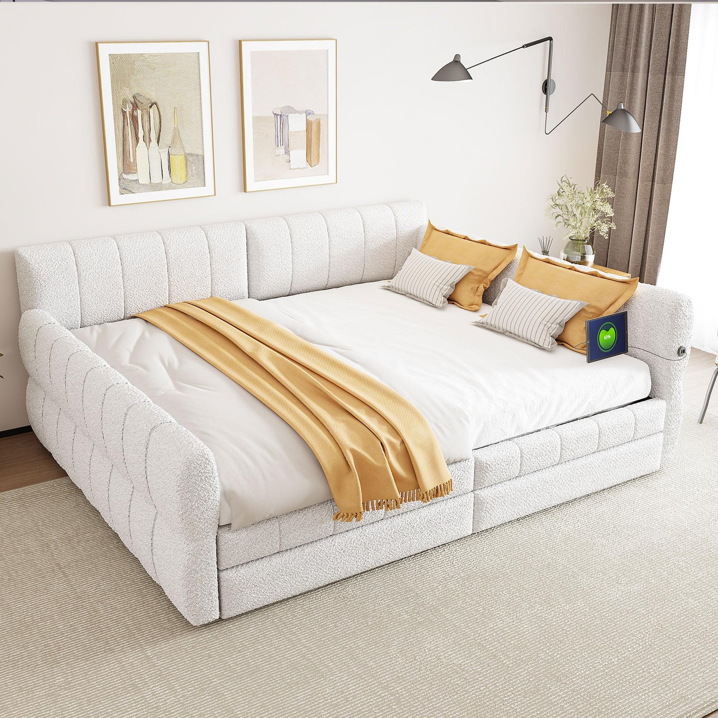 Ball & Cast Queen Size Daybed with Storage Drawers and USB Port,Upholstered Day Bed Frame with Channel Tufted Backrest and Armrest, Boucle Fabric,No Box Spring Needed,White