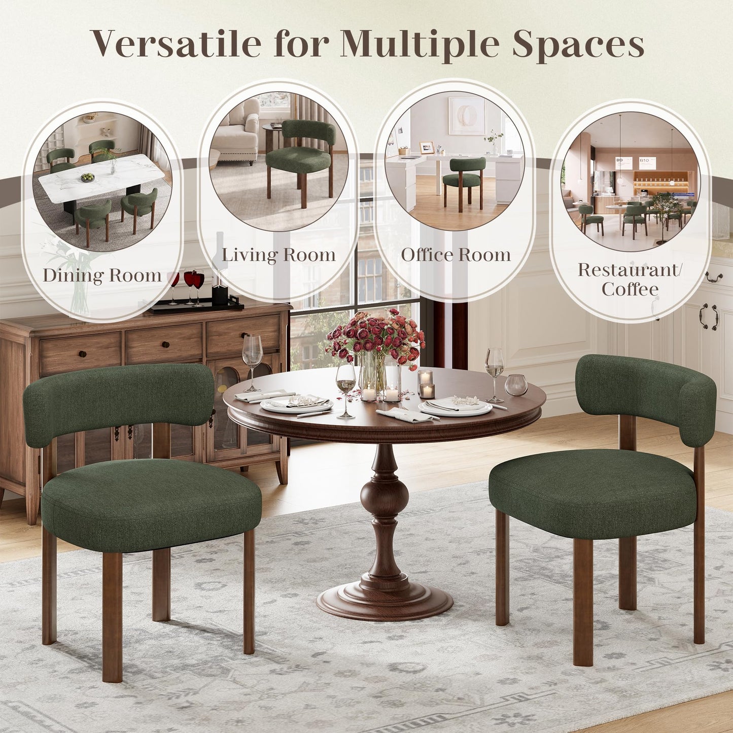 smartue Wooden Dining Chairs Set of 6, Upholstered Kitchen Chairs with Solid Wood Legs, Mid Century Dining Room Chair with Ergonomic Curved Backrest for Kitchen Dining Vanity, Green