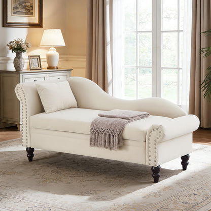 ERYE Velvet Upholstered Right Facing Chaise Lounge Chair, Beige Chaise Lounge Storage W/Nailhead Trim, Wood Legs, Classic Recliner Lounger Accent Sofa for Living Room Bedroom