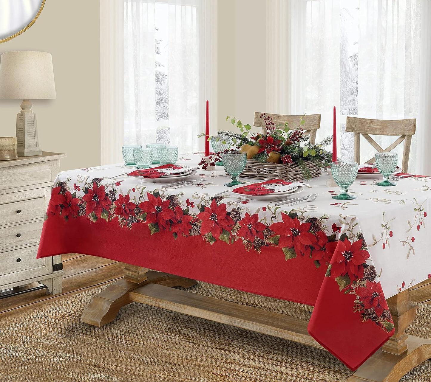 Newbridge Christmas Blooming Poinsettia’s Double Bordered 70 Inch Long Table Runner, Holiday Red and White Poinsettia
