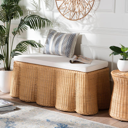 Bali & pari Palm Scallop Natural Rattan Ottoman with Cushion – Handwoven Wicker Accent Bench for Living Room, Bedroom or Entryway, Coastal Boho Style Accent Furniture, 46-inch Wide, Rectangular