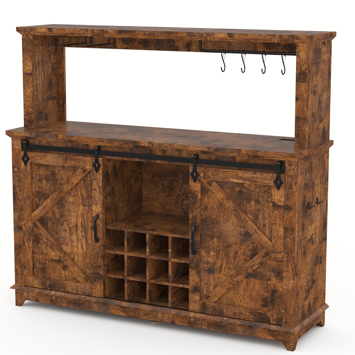 IDEALHOUSE 55" Farmhouse Coffee Bar Cabinet with Power Outlet & LED Light - Sliding Barn Door Buffet with Removable Wine Rack, 2-Tier Drawers, for Kitchen, Dining & Living Room, Brown