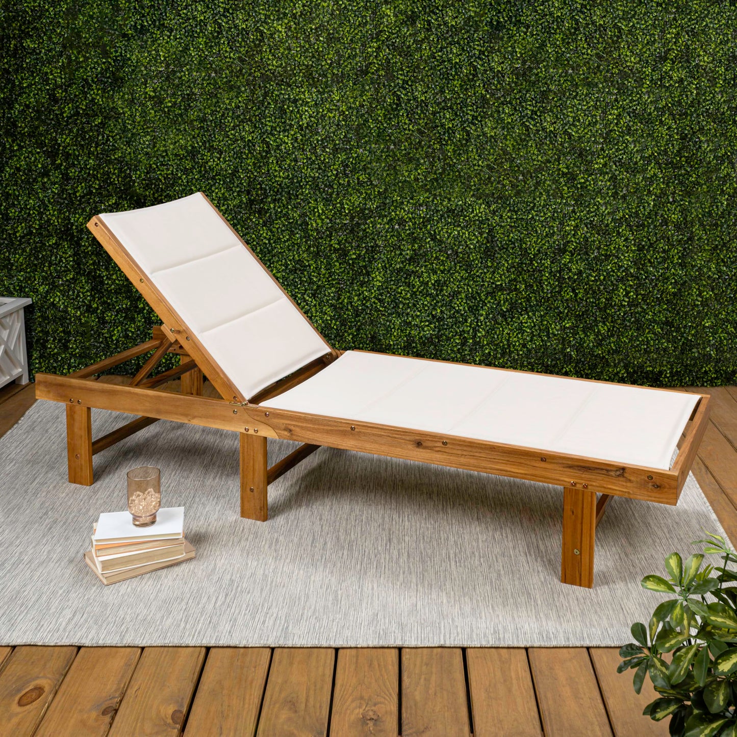 Eyely GNL1103A Quenyth 77.17"x26.38" Modern Minimalist Foldable Adjustable Wood Chaise Outdoor Lounge Chair, for Pool, Deck, Poolside, White/Natural
