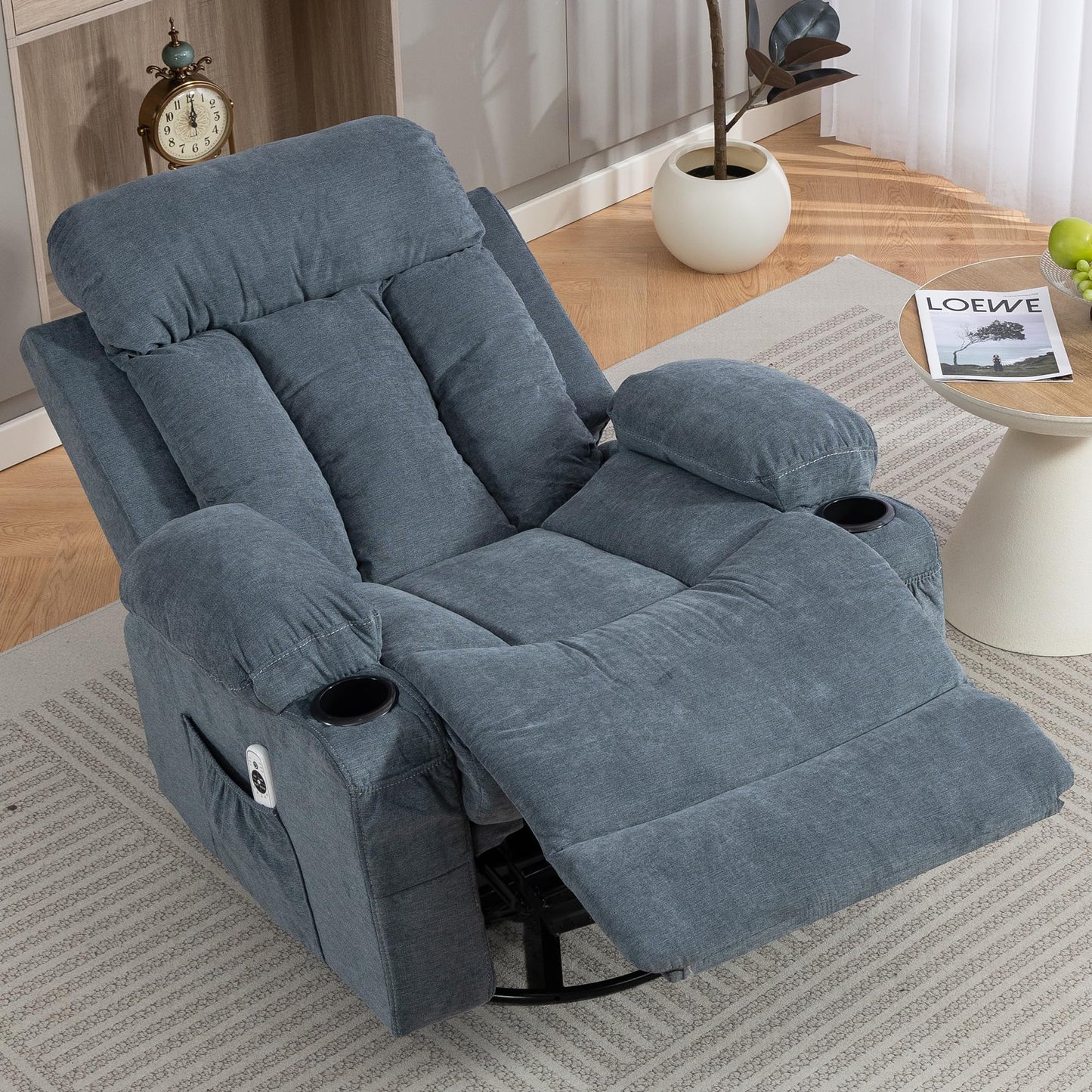 WiNVO 360° Swivel Rocking Chair, Rocker Recliner Chair with Vibration Massage and Heat, Ergonomic Lounge Chairs with Rocking Function and Side Pocket, Cup Holders, Blue