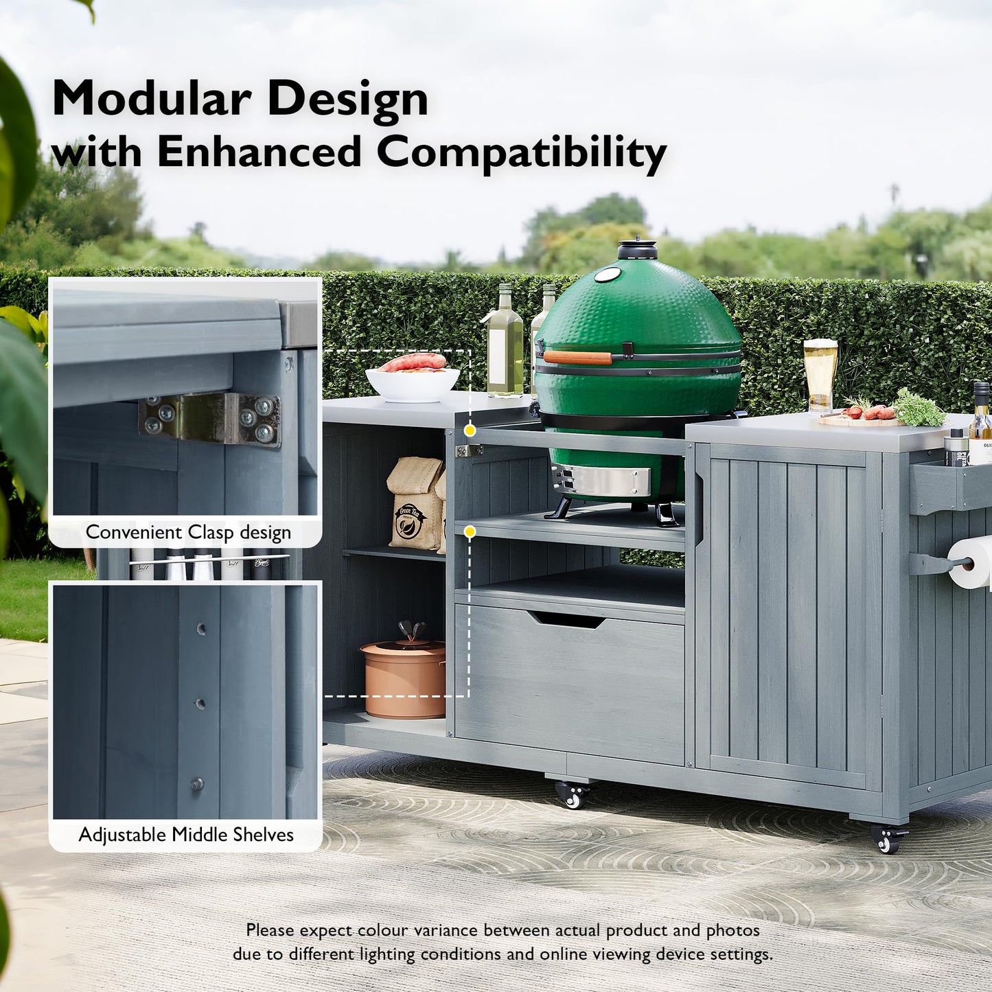 Merax Outdoor Grill Table for Big Green Egg Grills, 66.5" Patio Kitchen Island on Wheels with Stainless Steel Tabletop,Drawer and Spice Rack, Solid Wood Outdoor Storage Cabinet for Backyard, Grey Blue