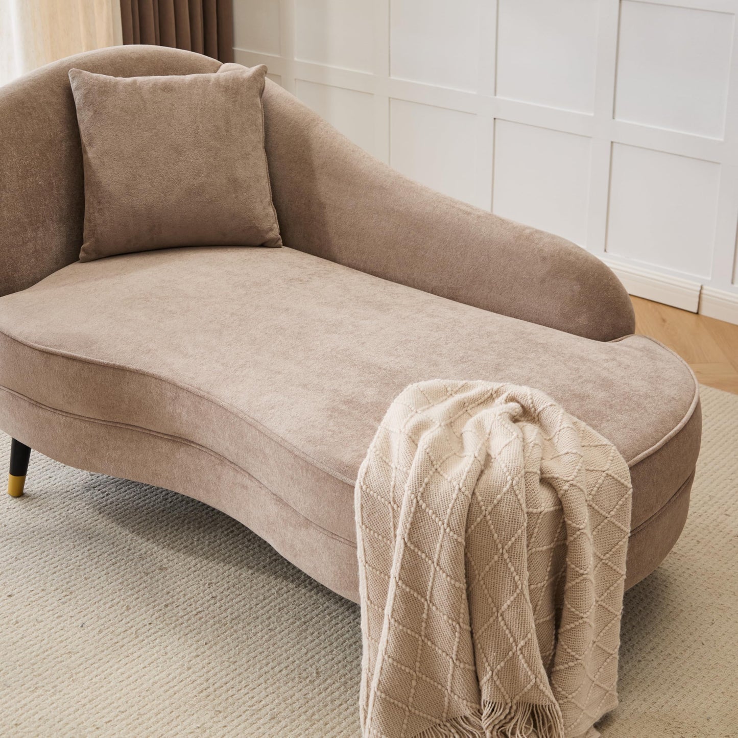 Christopher Knight Home Harlow Velvet Upholstered Chaise Lounge Chair Indoor, Wooden Chaise Lounge Sofa with Accent Pillow, Living Room Lounge Chair with Left Armrest, Camel