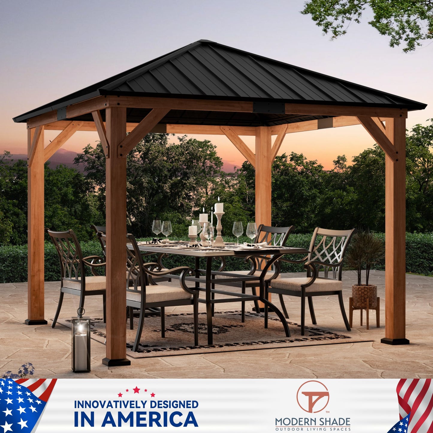 Modern Shade Tranquil Grove Wood Gazebo 10' x 10', Hardtop Gazebo Permanent with Galvanized Steel Roof, Cedar Outdoor Gazebo with Sturdy Hooks for Garden, Backyard, Patio and Deck