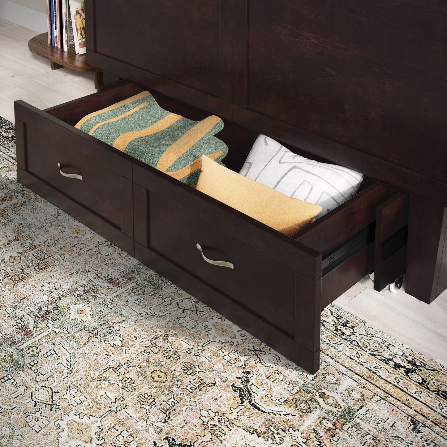 AFI, Chelsea Mid-Century Modern Queen Solid Wood Murphy Bed Chest with 6" Mattress, Storage Drawer & Built-in USB Charger, Espresso