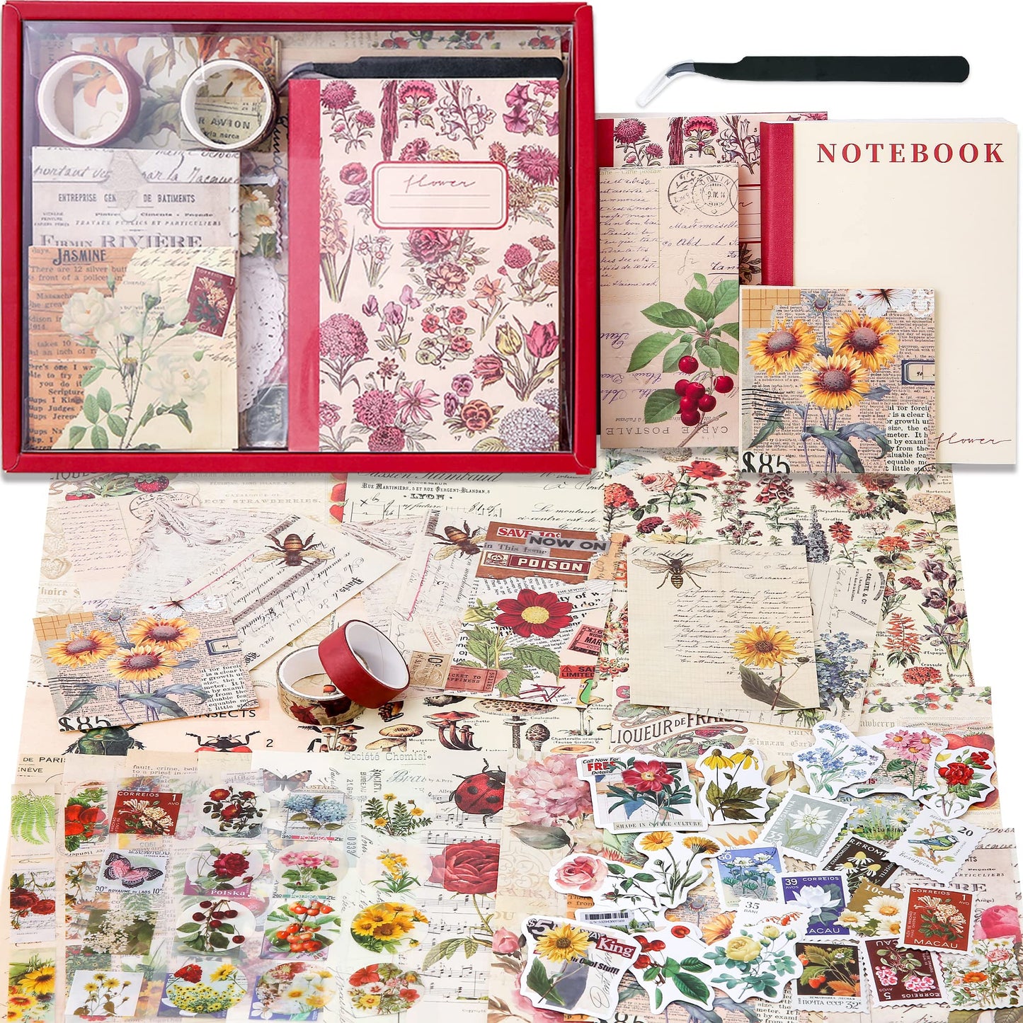 emmoolife Vintage Aesthetic Scrapbooking Supplies Kit, Flowers Botanical Bullet Junk Journal Kit with Journaling Supplies, Tweezers, A6 Grid Notebook,Stationery,Sticker, Birthday Craft Gift for Adult