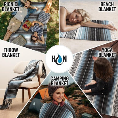 Hydration Nation Authentic Large Handwoven Mexican Blanket - Soft Yoga- Durable Serape- Lightweight Falsa, Beach, Camping, Picnic, Outdoor Blanket 70"x50" - Aqua Sky