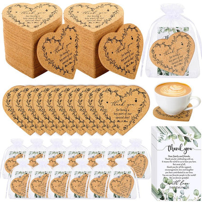 150 Sets Rustic Wedding Favor Coasters, Heart Cork Coasters for Guests, Mr & Mrs Coaster Favors with Thank You Cards & Organza Bags, Bridal Shower Party