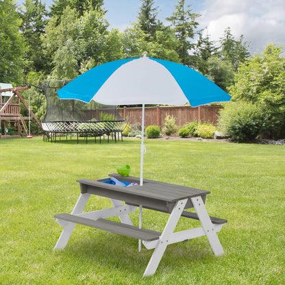 3 in 1Outdoor Wooden Picnic Table with Umbrella, Convertible Sand Wate, Gray CPSIA Certification