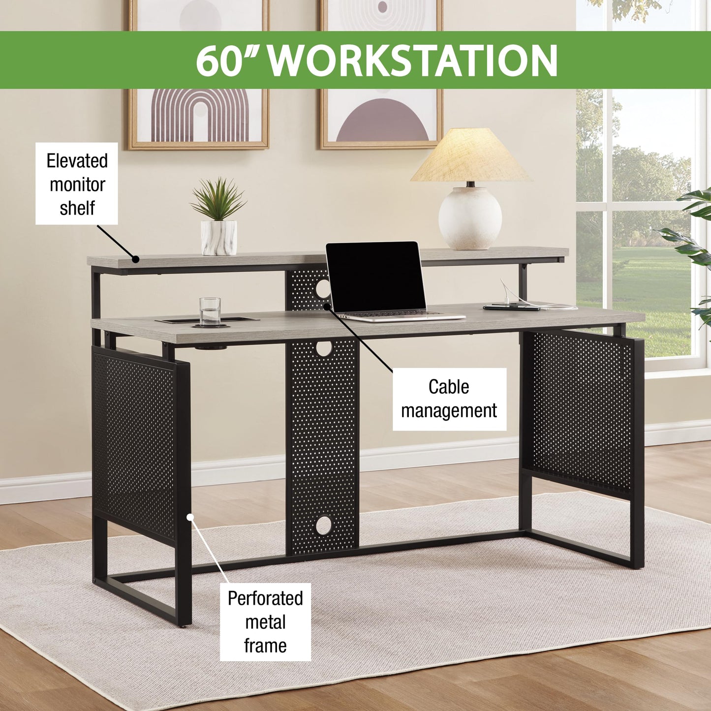 OSP Home Furnishings Ace Contemporary Modern Home Office Desk with Shelf, Rectangular with Grey Taupe Finish