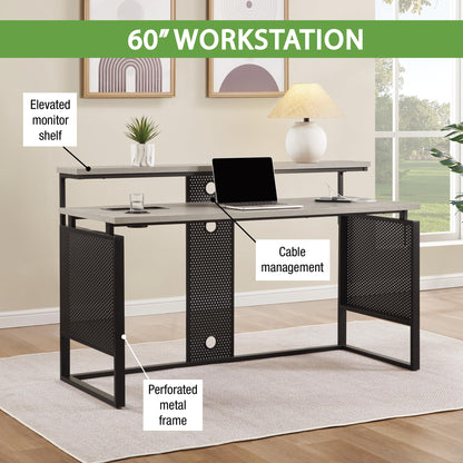 OSP Home Furnishings Ace Contemporary Modern Home Office Desk with Shelf, Rectangular with Grey Taupe Finish