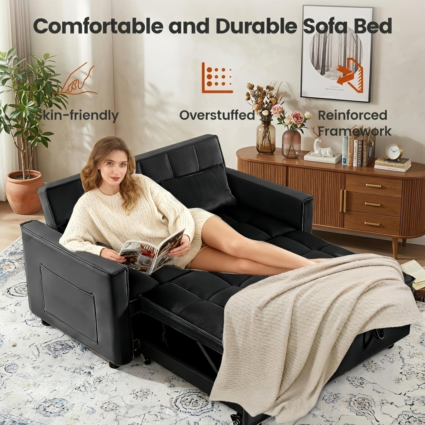 Trygoal 3 in 1 Convertible Sofa Bed, Love Seat Sleeper Bed with Side Pockets, Velvet Fabric Pull Out Couch with Adjustable Backrest for Living Room, Bedroom, Apartment, Black