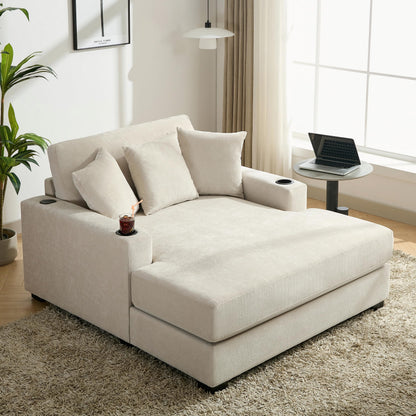 Merax Modern 55" Chaise Lounge with Pillow, Charge Station & Cup Holders,Upholstered Sofa Recliner Chair for Living Room Bedroom Cream