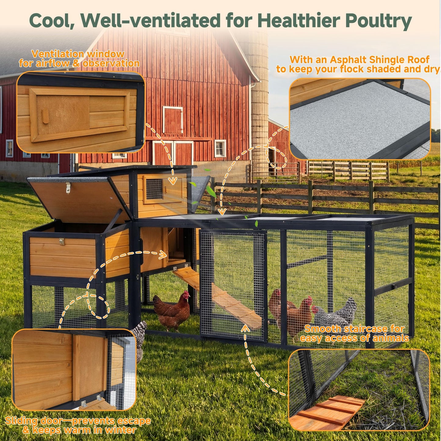 RUNSHED 83" Large Wooden Chicken Coop with Run, Outdoor Chicken House for 4-6 Chickens, Ventilation Window & Sliding Doors, Waterproof Felt Roof, Easy-Clean Full Rear Door, Predator-Proof Latches