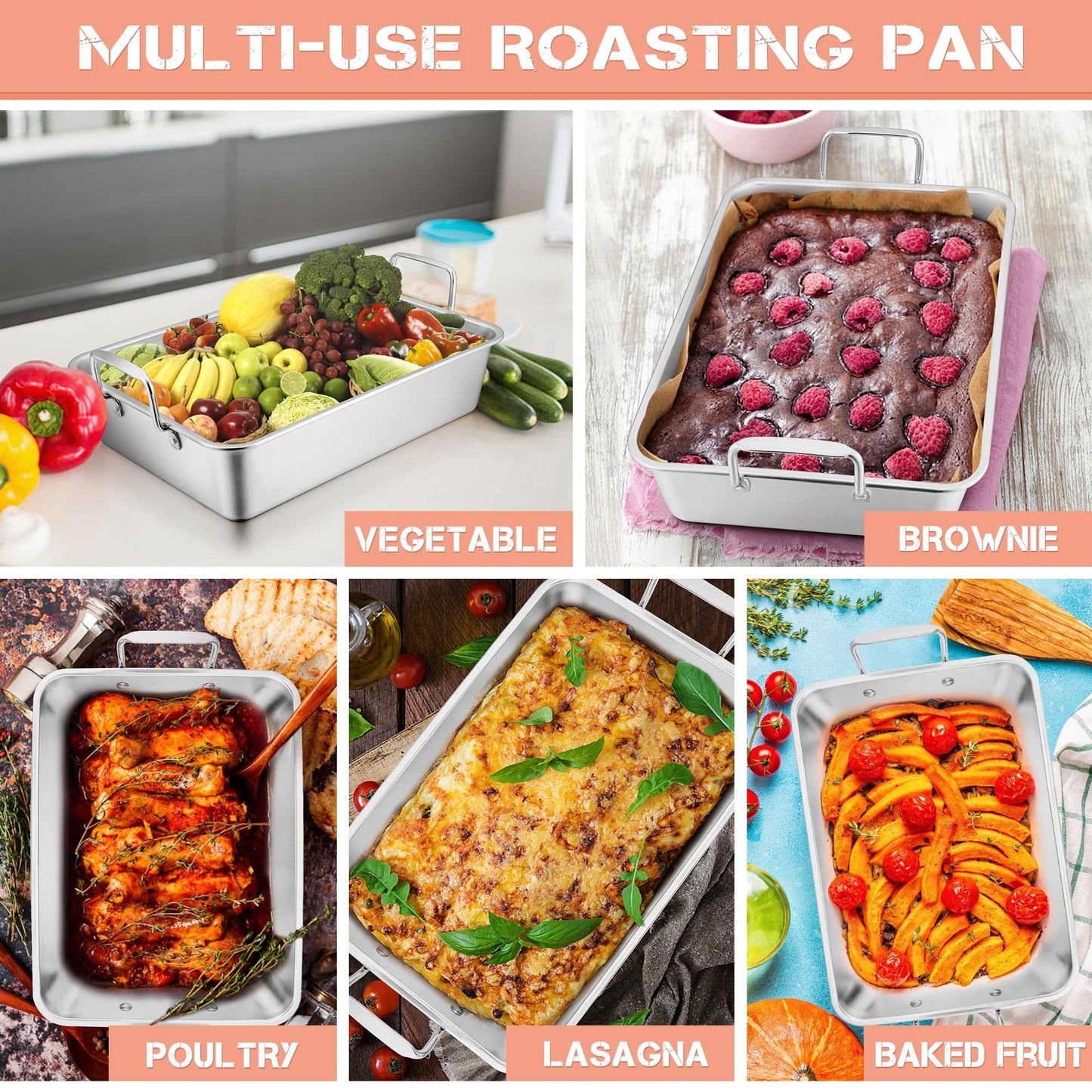 Leonyo Large Turkey Roasting Pan with V-shaped Rack, Rectangular 16 x 11.5 Inch Stainless Steel Turkey Roaster Pan with Rack Heavy Duty for Chicken Lasagna Vegetables Brownie, Dishwasher Safe, 2Pcs