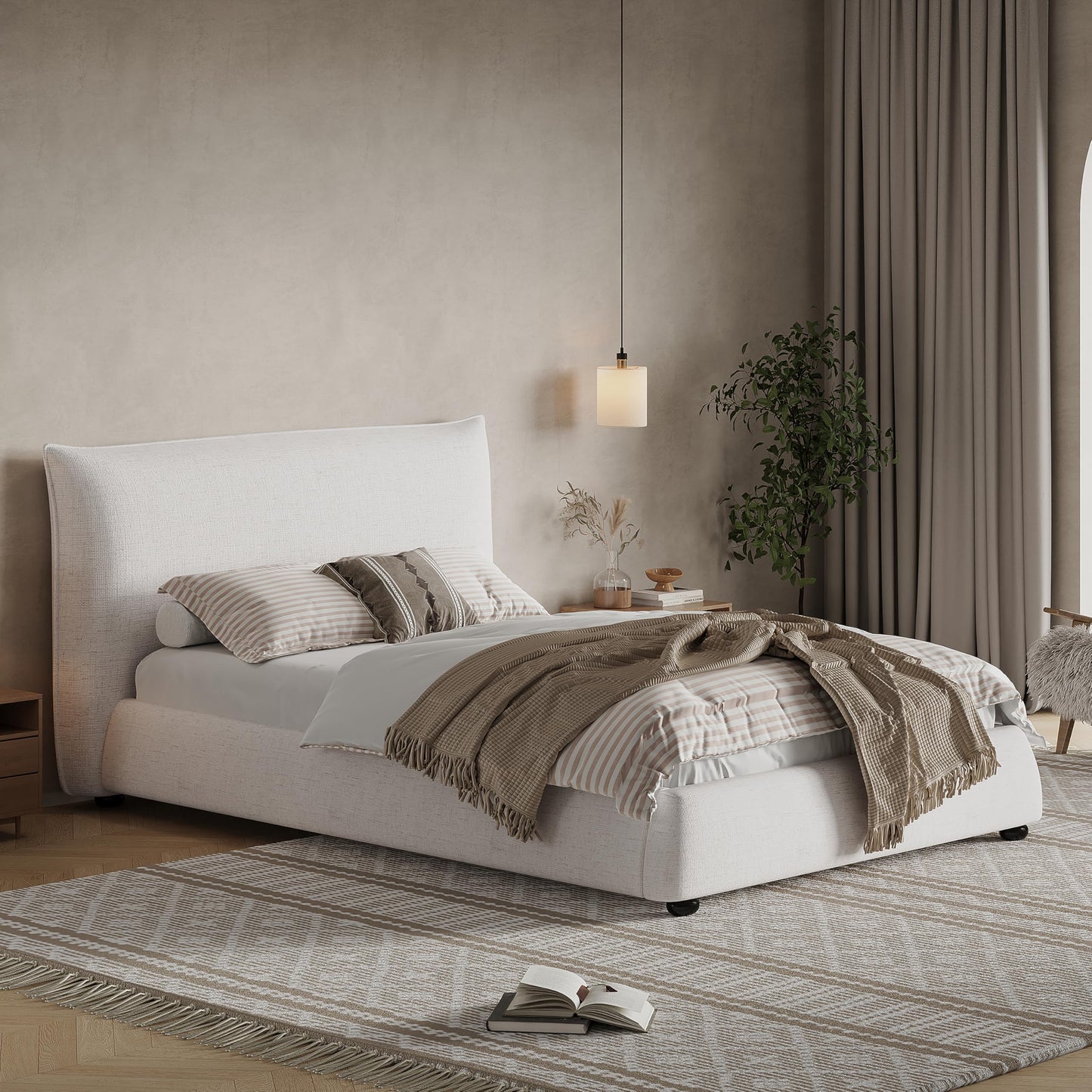 Merax Modern Upholstered Platform Bed with Linen Pillow-Back Headboard, Twin Size Wood Floor Bed Frame with High Wingback, No Box Spring Needed, Easy Assemble, Beige