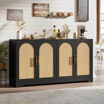 IDEALHOUSE 59" W Sideboard Buffet Cabinet- with 4 Rattan Doors, Large Storage Console Table & Modern Accent Coffee Bar Cabinet for Living Room, Kitchen, Hallway, Dining Room, Entryway, Black