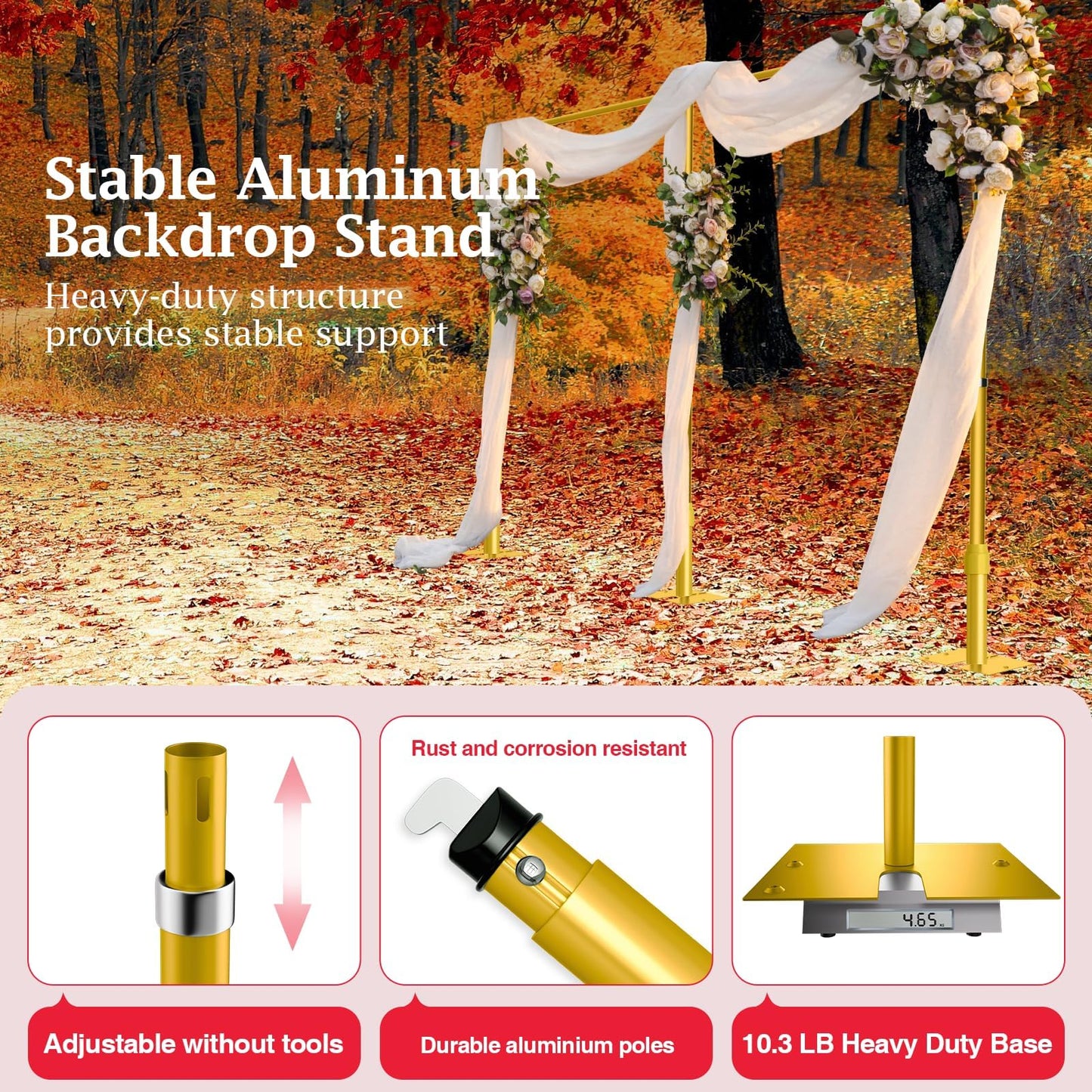 EMART Backdrop Stand Heavy Duty 10ftx20ft, Adjustable Pipe and Drape Photo Background Support Kit, Metal Frame with Flat Base for Wedding Birthday Party Banquet Decorations-Gold