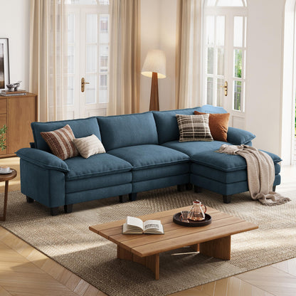 LINSY HOME 123'' Modular Sectional Sofa Blue Couch Corduroy Cloud Couches for Living Room, L Shaped Couch with Movable Ottoman, Modern Cloud Sectional Sofas for Bedroom and Apartment, Blue