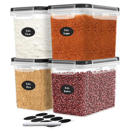 DWËLLZA KITCHEN Flour Sugar Storage Containers Set of 4; 3.6L Plastic Airtight Food Storage Containers with Lids for Kitchen Pantry Organization and Storage - Dry Food Containers, Labels & Marker