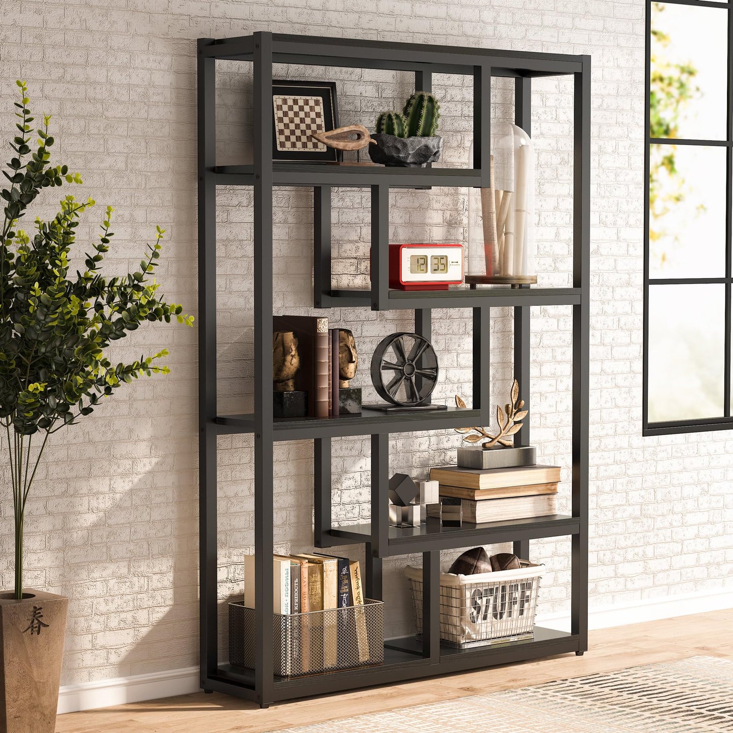 Tribesigns Way to Origin 6-Shelf Modern Bookshelf Set of 2, Industrial Etagere Bookcase, 69-Inch Tall Storage Display Staggered Shelves with Sturdy Metal Frame, Black