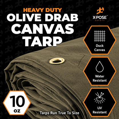 Xpose Safety Canvas Tarp - 10oz Olive Drab Canvas Tarps Heavy Duty Water Resistant with Brass Grommets- Multipurpose Outdoor Tarpaulin for Camping, Canopy, Trailer, Equipment Cover 14' x 14'