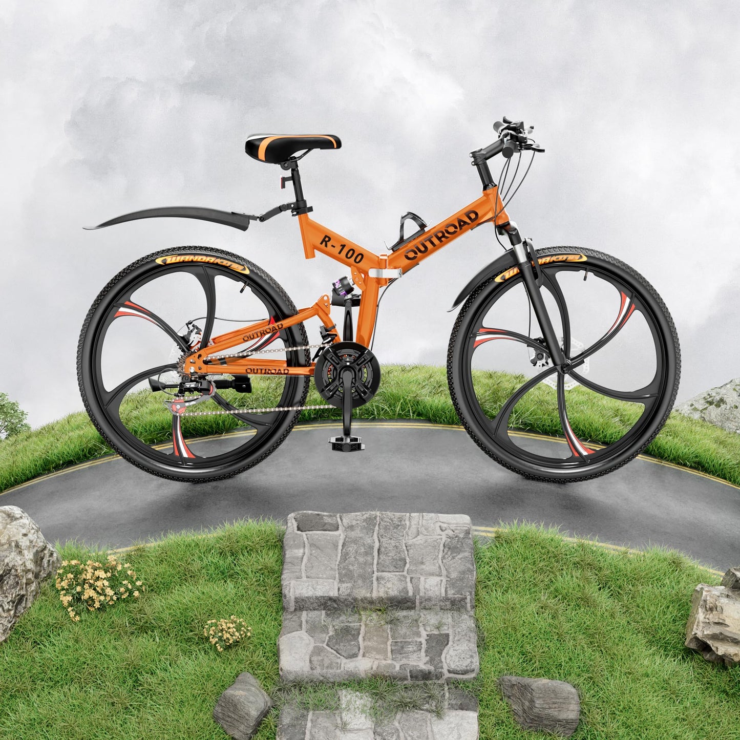 Outroad 26 Inch Folding Mountain Bike, 21 Speed Full Suspension High-Carbon Steel MTB Foldable Bikes, Dual Disc Brake Non-Slip Folding Bicycle for Adults/Men/Women, 26 inch-Orange