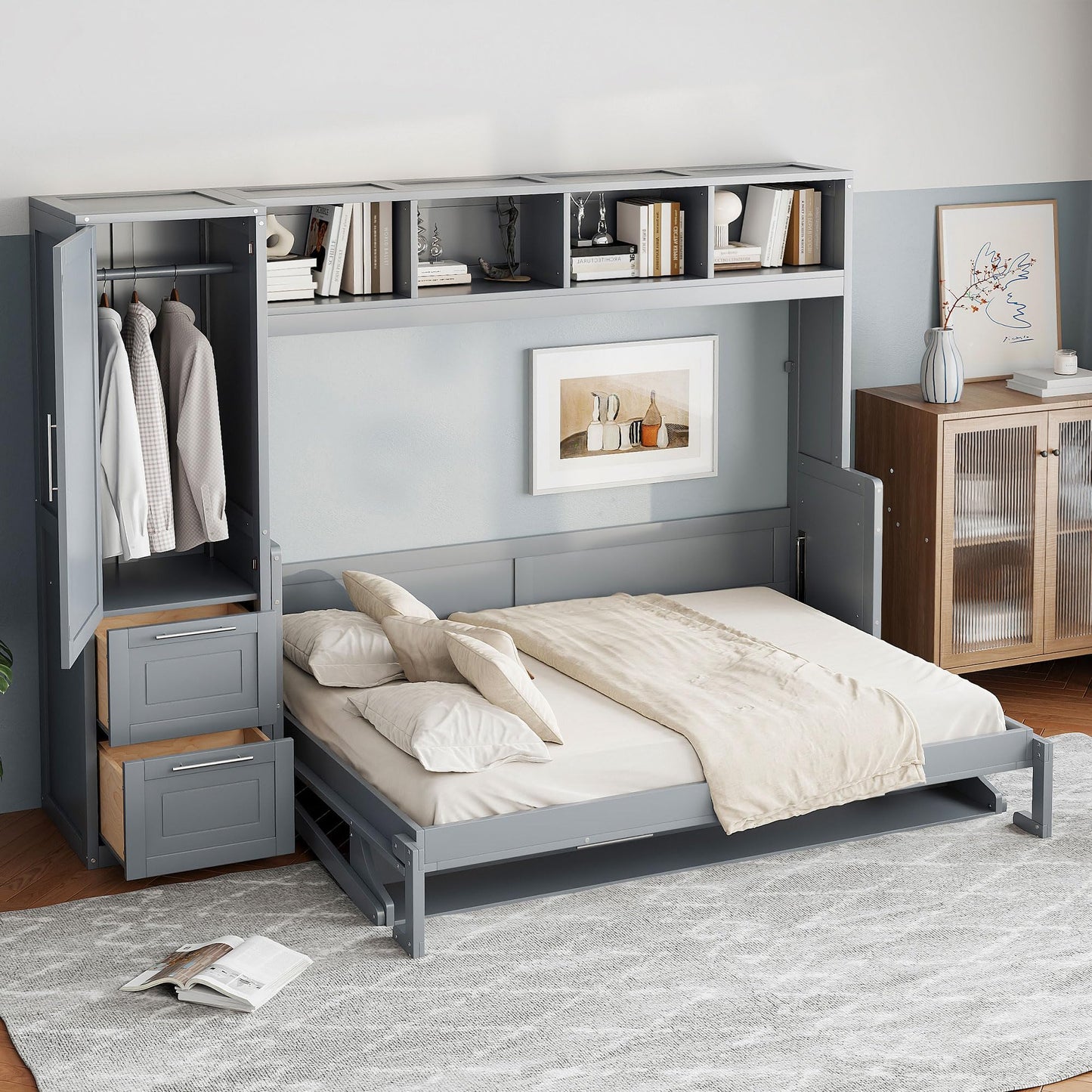 Ball & Cast Queen Size Murphy Bed Wall Chest with Closet and Storage Drawers,Wood Hideaway Platform Bedframe can be Folded,Easy Assembly,for Kids Bedroom,Student Dorms,Gray