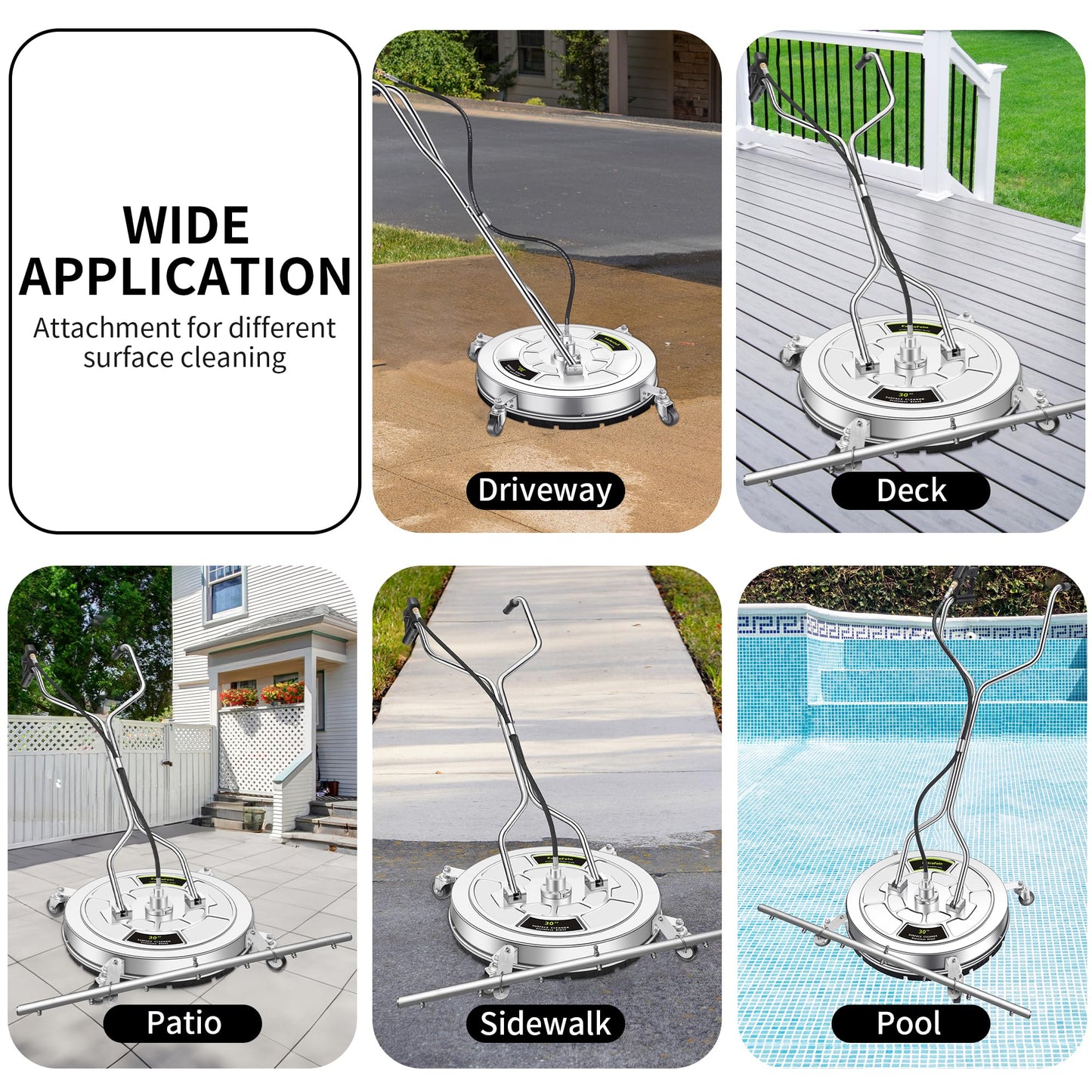 30" Pressure Washer Surface Cleaner Ultra with 7 Nozzles Water Broom, Stainless Steel Dual Handle Power Washer Surface Cleaner for Patio Decker Concrete Driveway, 5000 PSI