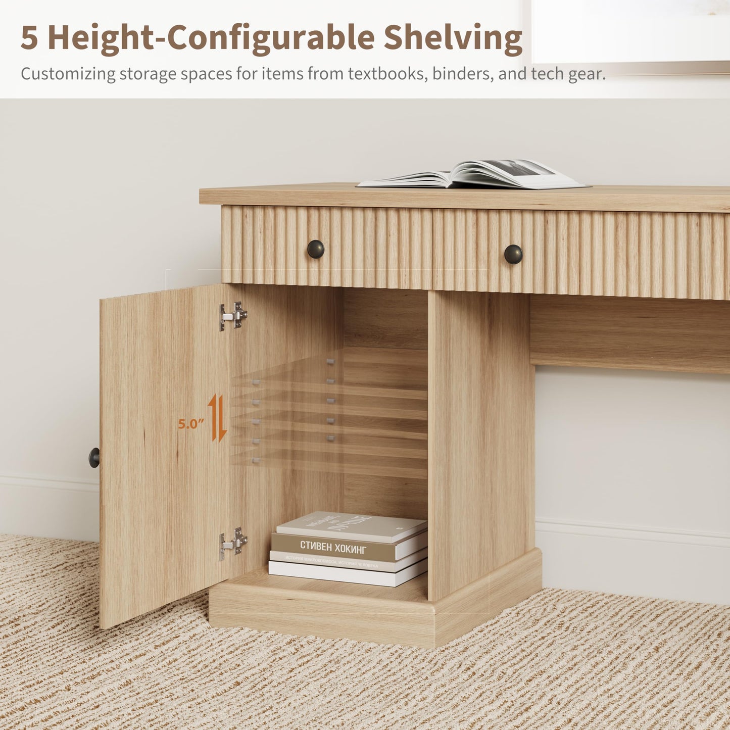 Garvee 60" Office Desk with Storage & Drawers. Fluted Wood Computer Desk with Power Outlet & Adjustable Shelves.Modern Executive Desk for Home Office/Bedroom/Gaming-Burlywood