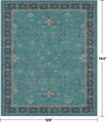 Regine Switzerland Washable Large Teal Boho Living Room Rug - Soft Floral Area Rug, Non-Slip & Stain Resistant, 10x12