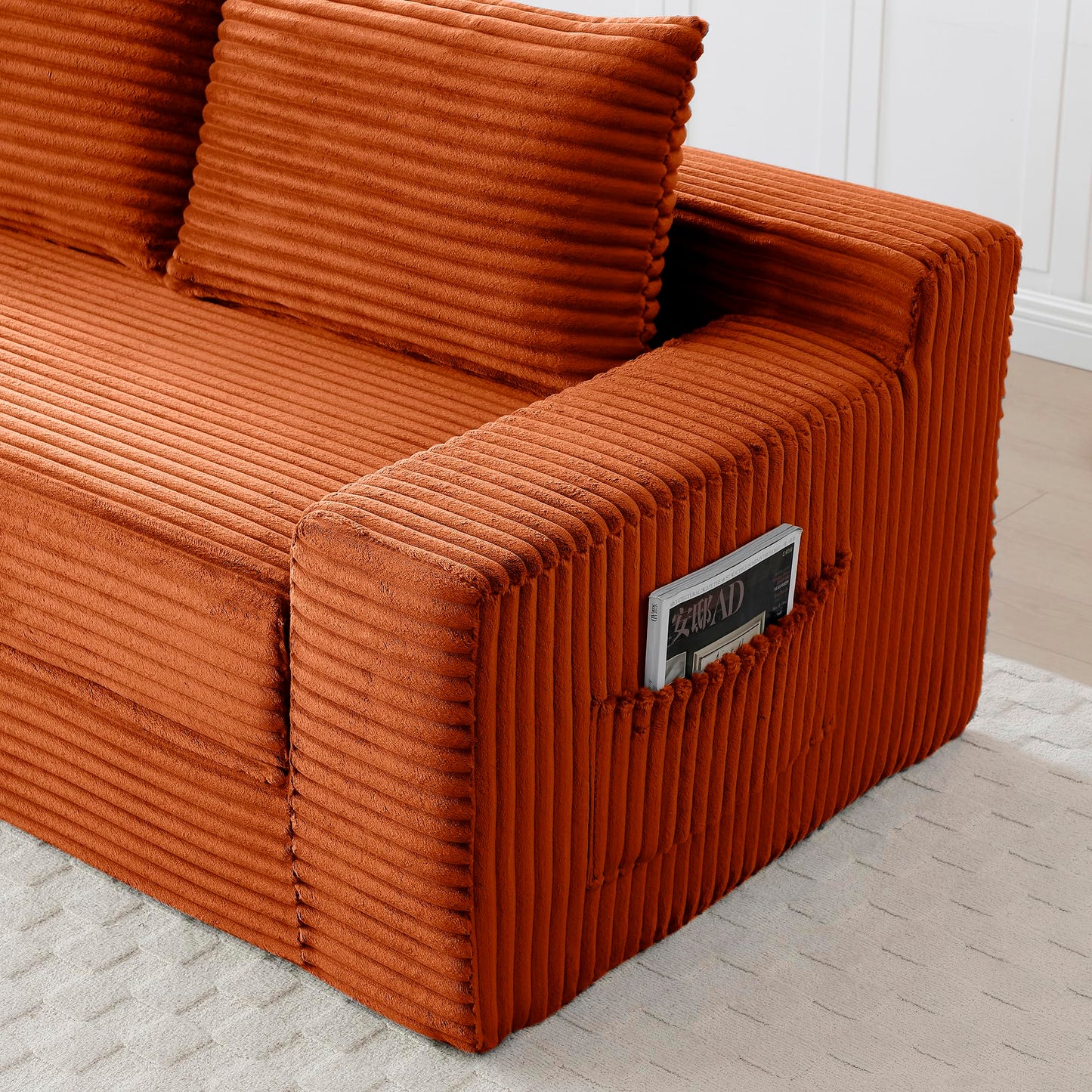 Zyerch 73" Convertible Sofa Bed, 2 in 1 Corduroy Folding Couch with Pillows, No Assembly Boneless Compression Sofa in Box, Loveseat with Side Storage Pocket for Apartment, Living Room, Orange